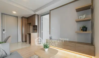 Modern living room with sleek wooden furniture and stylish decor