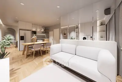 Modern open-plan living room and kitchen with sleek design and natural light