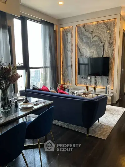 Luxurious living room with modern decor and stunning marble accent wall