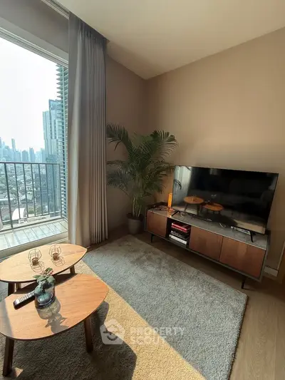 Modern living room with city view, stylish furniture, and natural light.