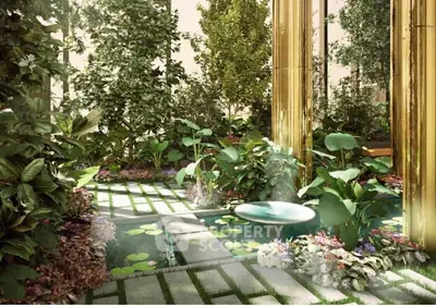 Luxurious garden with lush greenery and elegant water feature in a modern setting.