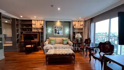 Luxurious living room with elegant furniture and city view, perfect for relaxation.