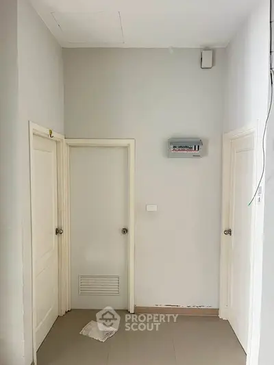 Minimalist hallway with white doors and neutral walls, ideal for modern living spaces.