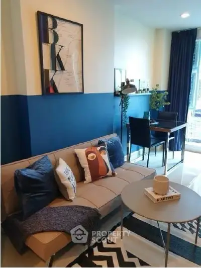 Stylish modern living room with cozy sofa and chic decor in a vibrant apartment.
