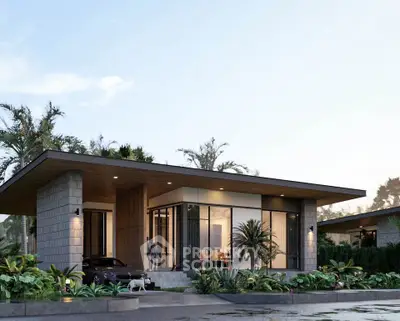 Modern single-story home with sleek design, large windows, and lush landscaping, perfect for contemporary living.