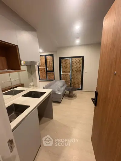 Modern apartment interior with open kitchen and cozy living area, featuring sleek design and natural light.