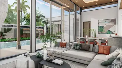 Luxurious modern living room with pool view and elegant decor