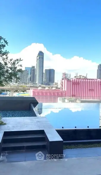 Stunning rooftop pool with city skyline view and modern architecture.