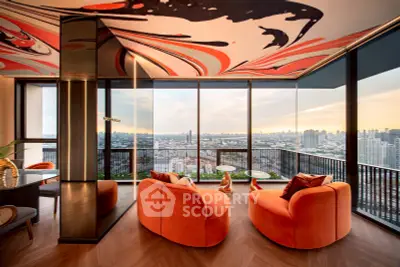 Luxurious living room with stunning city view and artistic ceiling design