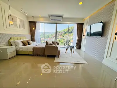 Luxurious modern living room with stunning hillside view and elegant decor