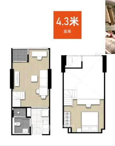 Modern duplex apartment floor plan with spacious layout and high ceilings, ideal for urban living.