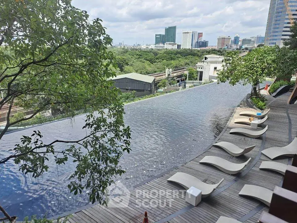 Luxurious rooftop infinity pool with city skyline view and stylish loungers.