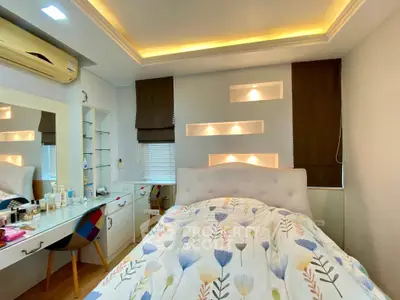 Cozy bedroom with modern design and ambient lighting