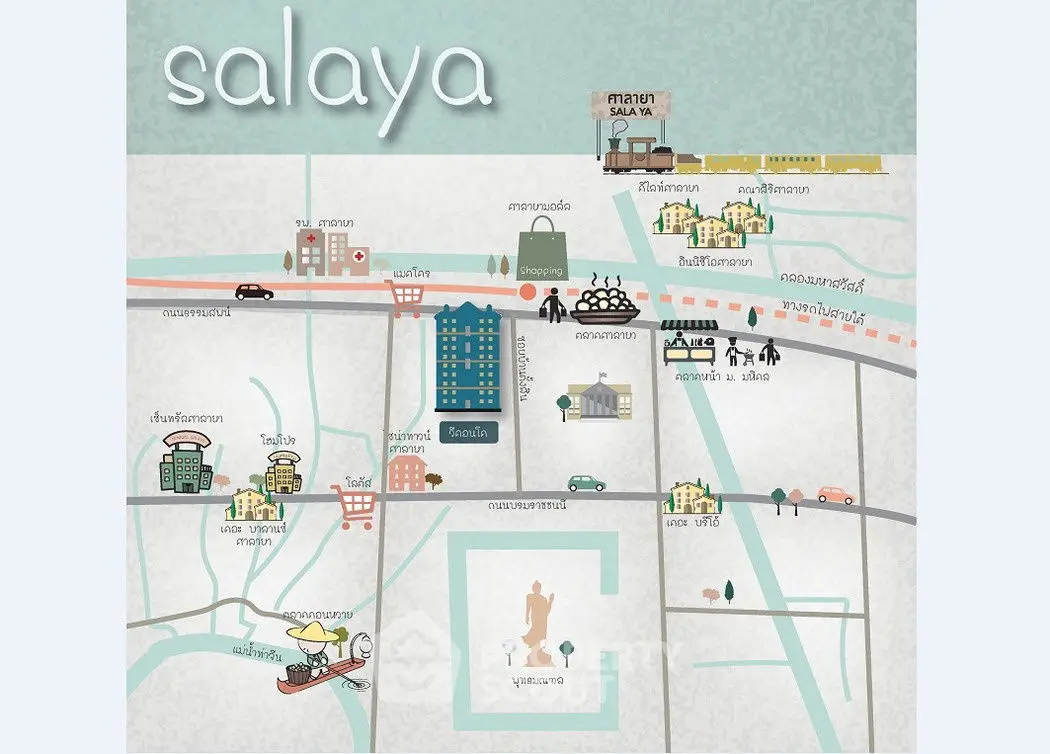 Charming illustrated map of Salaya highlighting key locations and attractions.
