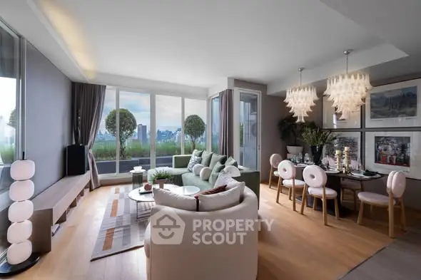 Luxurious modern living room with elegant dining area and stunning city view.