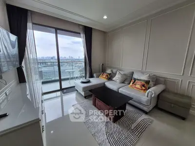 Modern living room with city view and stylish decor