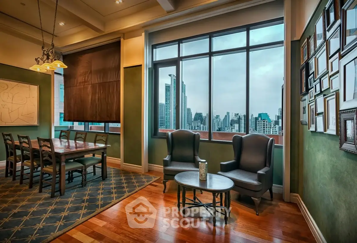 Luxurious dining area with city view, elegant decor, and hardwood floors in a high-rise apartment.