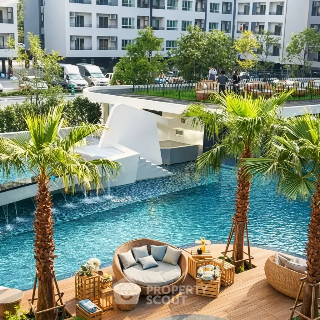 Luxurious apartment complex with stunning pool and lush greenery, perfect for relaxation and leisure.