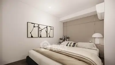 Modern bedroom with stylish decor and cozy ambiance, featuring a comfortable bed and contemporary artwork.