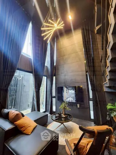 Luxurious modern living room with high ceilings and elegant lighting