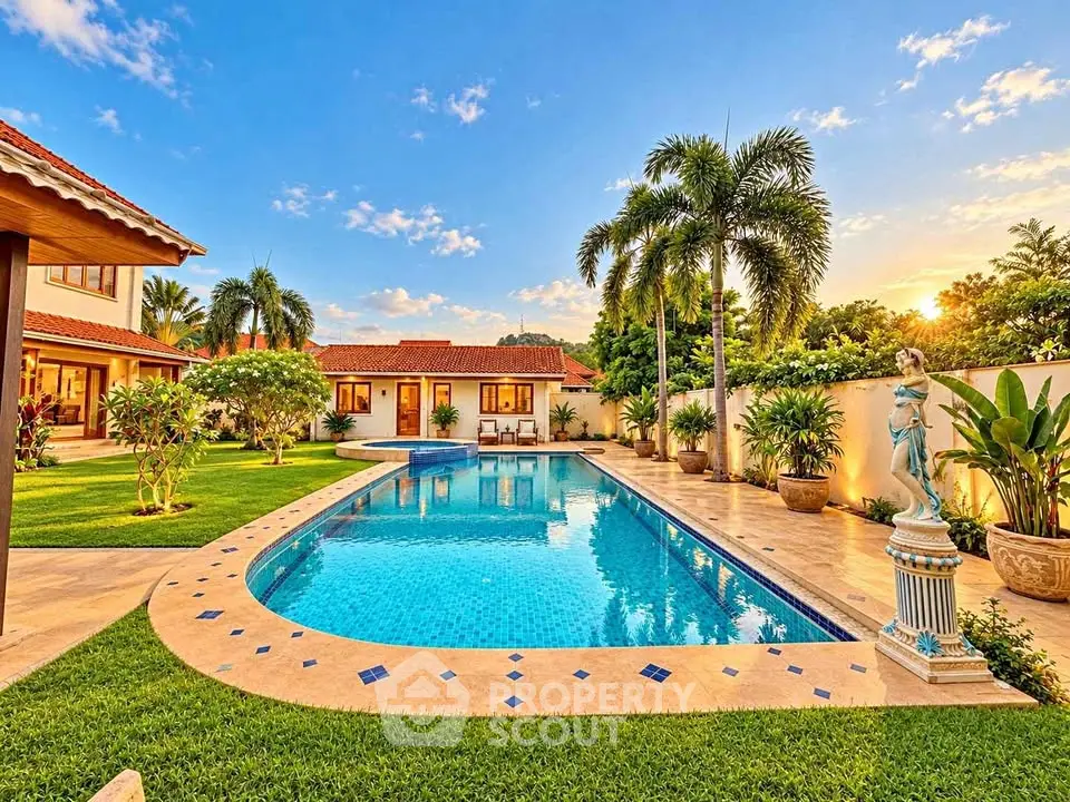 Luxurious villa with stunning pool and lush garden, perfect for tropical living.