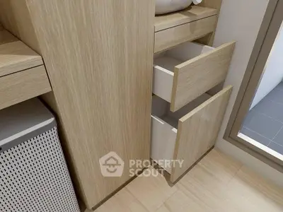 Modern bathroom with wooden cabinetry and open drawers, showcasing sleek design and ample storage space.