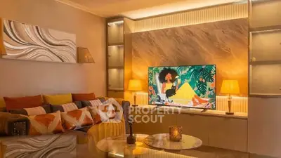 Cozy living room with modern decor and ambient lighting