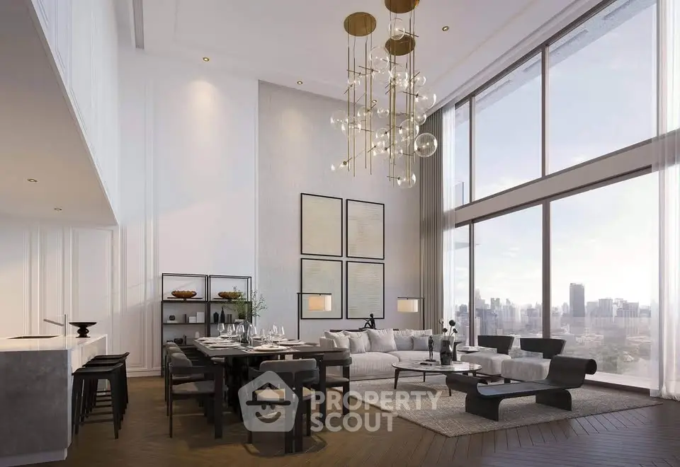 Luxurious modern living room with high ceilings and stunning city view