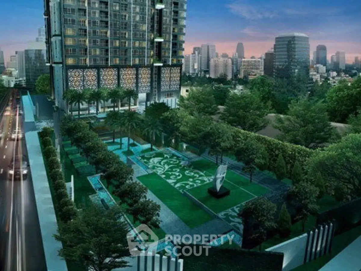 Luxurious urban high-rise with lush landscaped gardens and stunning city skyline view.