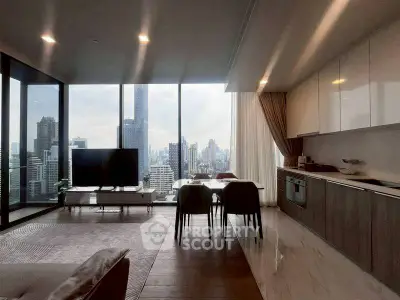Luxurious modern living room with panoramic city view and sleek kitchen design.
