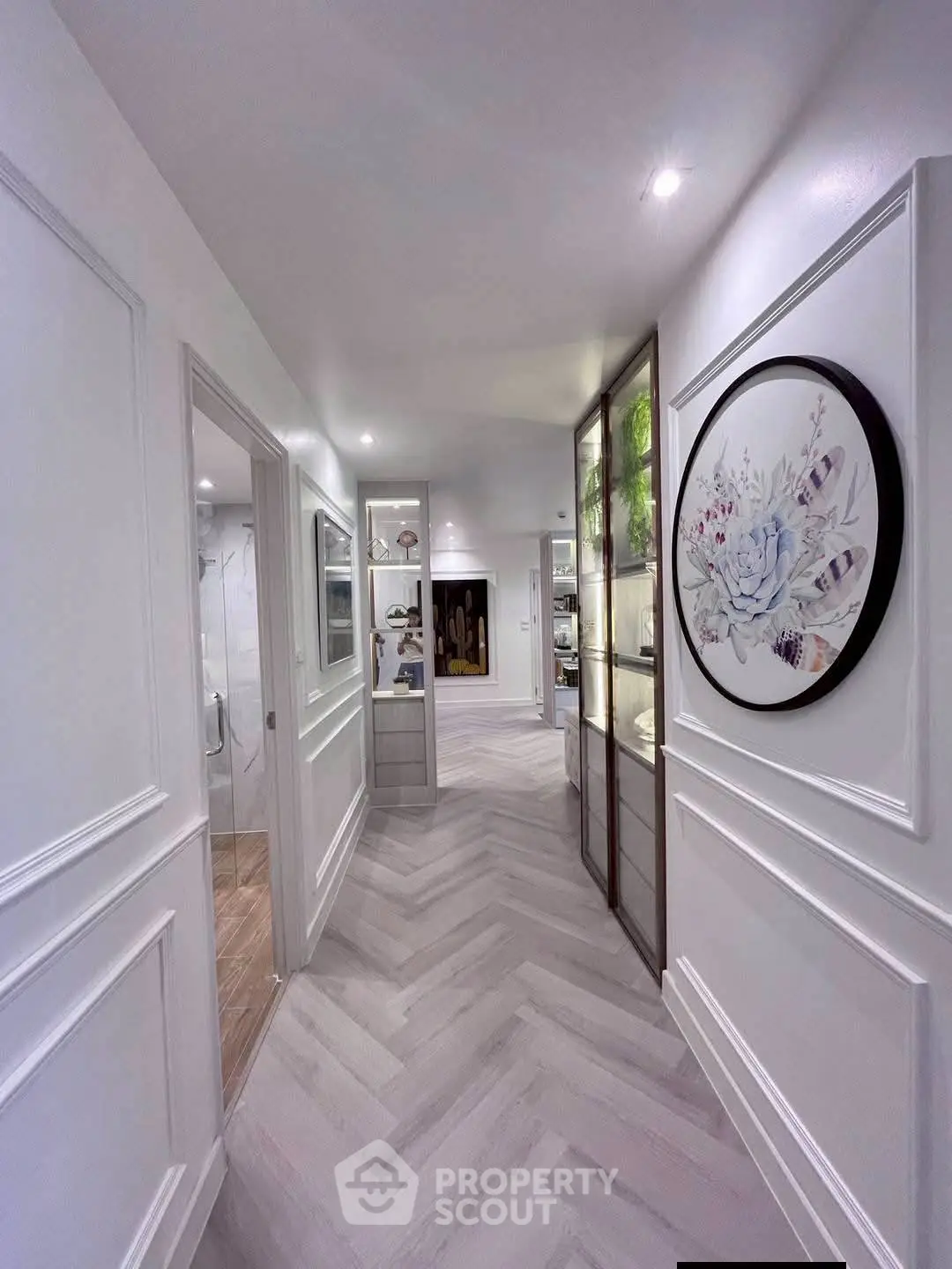 Elegant hallway with modern decor and stylish flooring in a luxury apartment