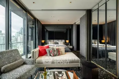 Luxurious bedroom with city view and modern decor
