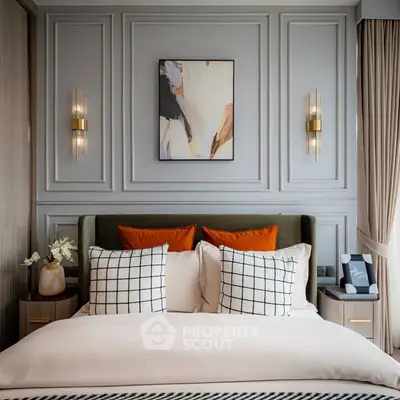 Luxurious bedroom with elegant decor and modern lighting, featuring a plush bed and stylish wall art.