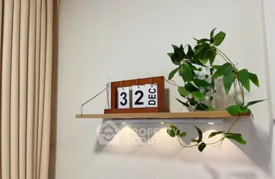 Stylish wall shelf with plant and calendar in modern interior design.
