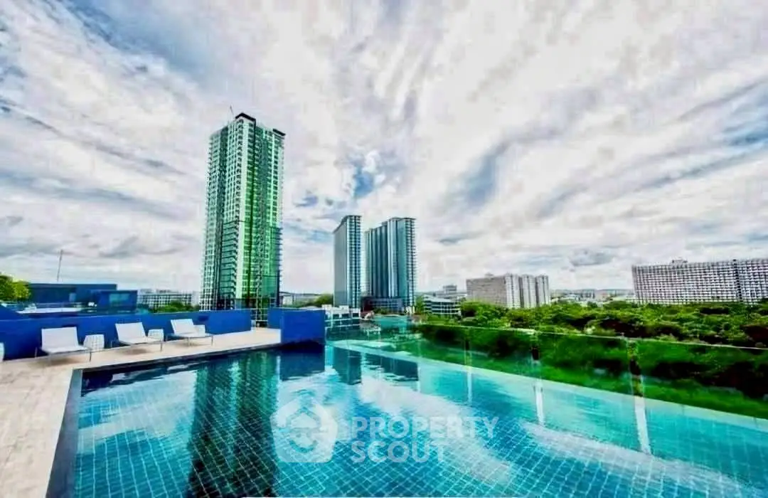 Stunning rooftop infinity pool with panoramic city skyline views and modern high-rise buildings.