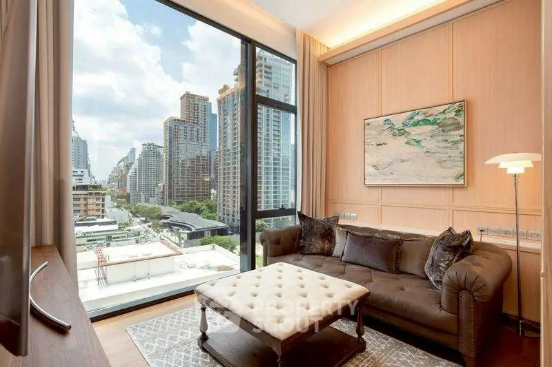 Luxurious living room with stunning city view and elegant decor