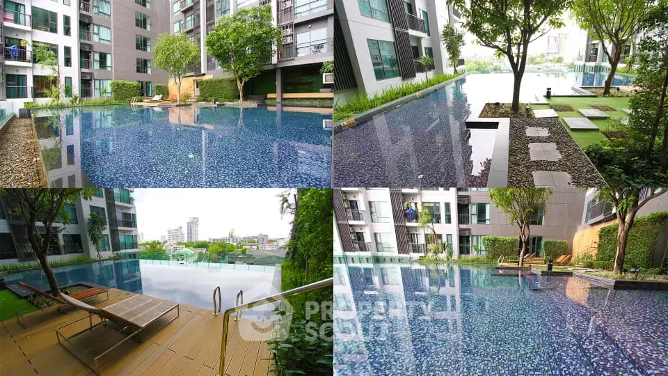 Luxurious condominium pool area with modern design and lush greenery, perfect for relaxation and leisure.