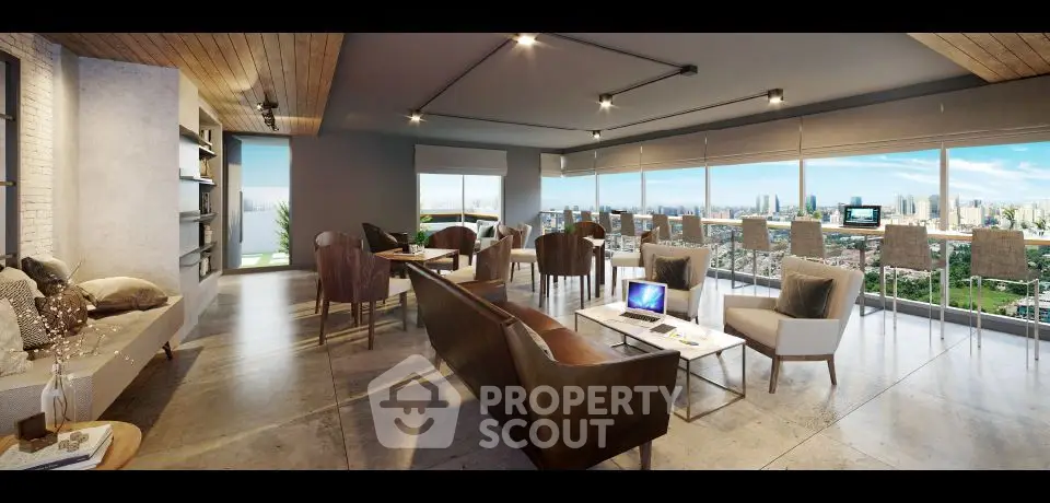 Luxurious modern living room with panoramic city views and stylish furnishings