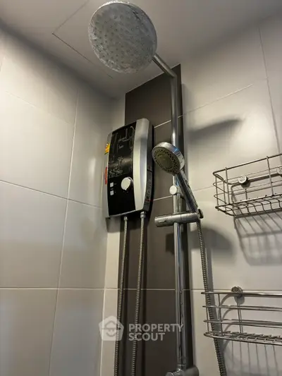 Modern bathroom shower with dual showerheads and sleek design