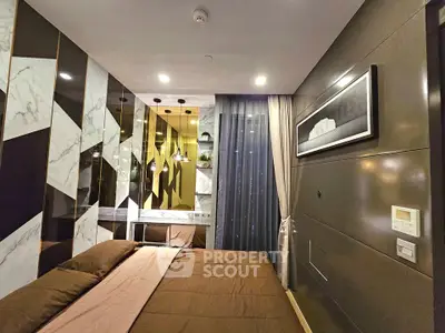 Luxurious modern bedroom with elegant decor and ambient lighting