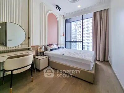 Luxurious modern bedroom with city view and elegant decor