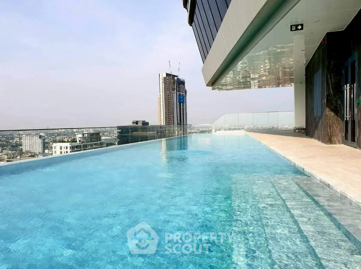 Luxurious rooftop infinity pool with stunning cityscape views in modern high-rise building.