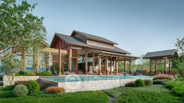 Stunning modern home with lush garden and serene pool view