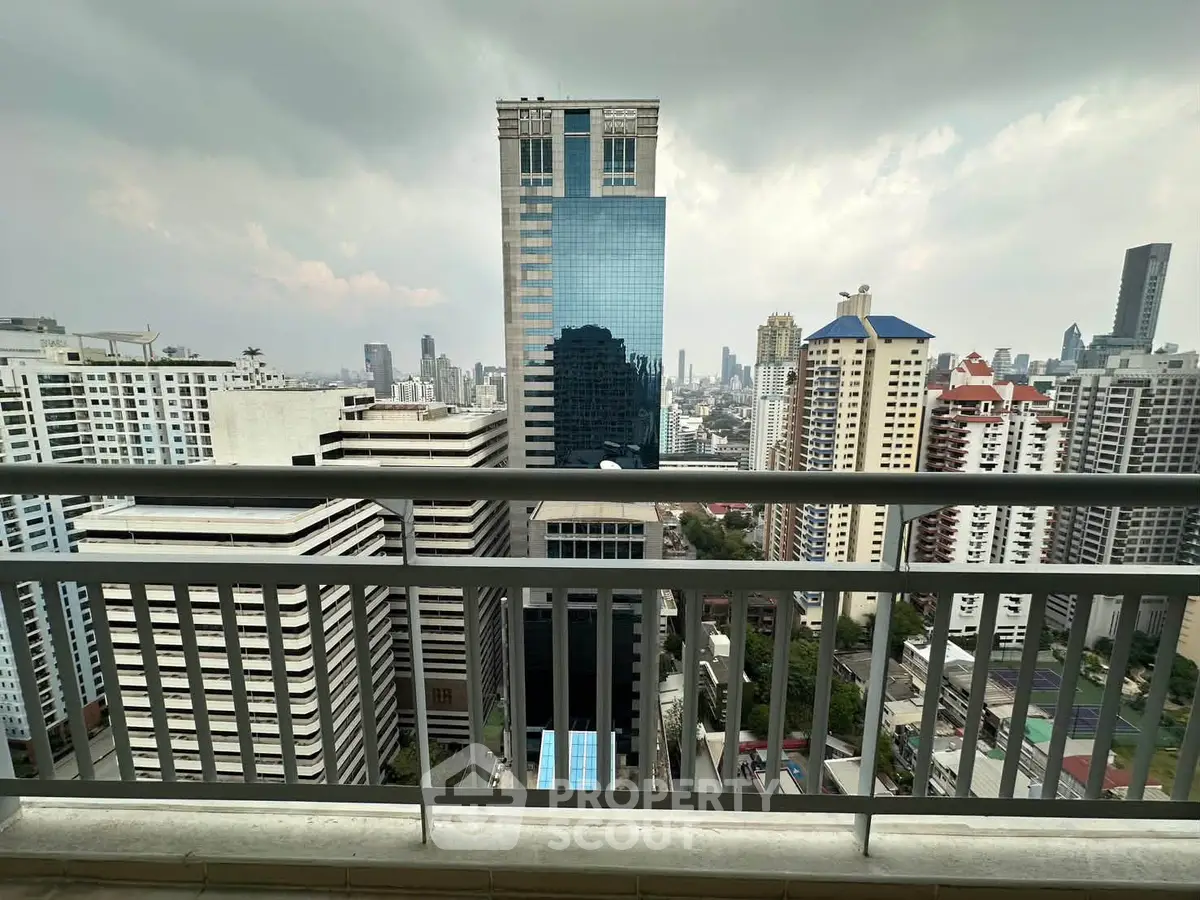 Stunning cityscape view from high-rise balcony with modern skyscrapers and urban skyline.