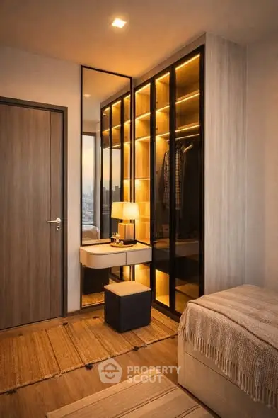 Stylish bedroom with modern walk-in closet and ambient lighting