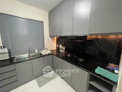 Modern kitchen with sleek grey cabinets and black marble backsplash