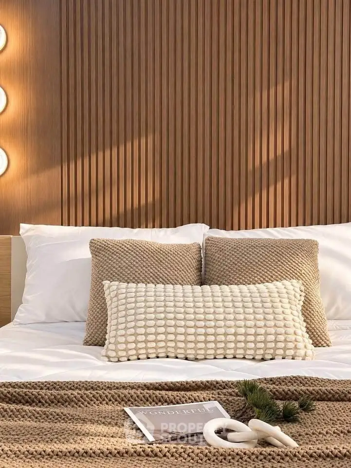 Luxurious bedroom with textured pillows and modern wood paneling, creating a cozy and elegant ambiance.