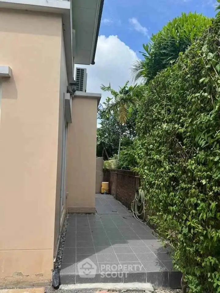 Charming side pathway of a suburban home with lush greenery and tiled walkway.