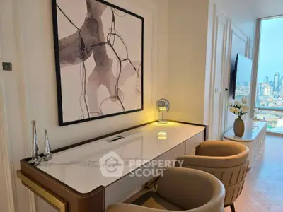 Luxurious modern living room with elegant decor and stunning city view