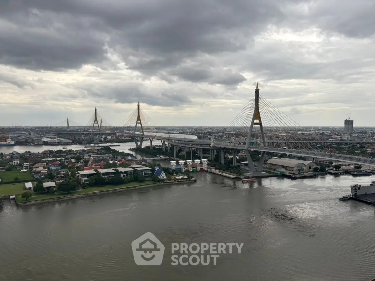Stunning aerial view of a cityscape featuring a majestic bridge over a river under a cloudy sky.